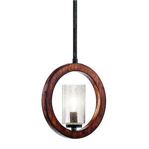 1 Light Farmhouse Faux Wood Mini Pendant Light Fixture with Clear Seeded Glass - 1229696
