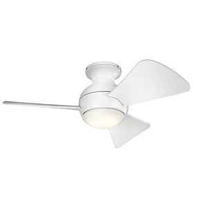 Flush Mount Style 3-Blade Ceiling Fan with Globe Motor in Matte White with Integrated LED Lighting 34 inches W x 11 inches H