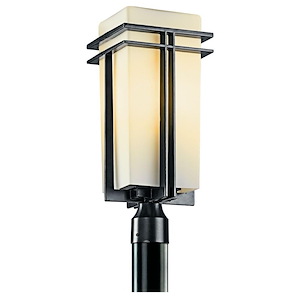 Modern 1-Light Outdoor Post Mount in Black Finish with Etched Cased Opal Glass 8.5 inches W x 20 inches H