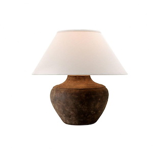 Earthy Table Lamps with Aged Textures in Sienna Finish with Drum Shape Linen Shade 20 inches W x 20 inches H