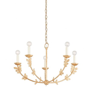 Whimsical Style 5-Light Chandelier in Gold Finish with Flower Stems and Candle-Shaped Bulbs 28 inches W x 17.25 inches H