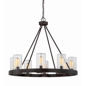 Wagon Wheel 8-Light Outdoor Round Chandelier in English Bronze with Clear Cylinder Glass Shades 32 inches W x 27.63 inches H - 922193