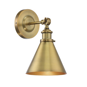 1-Light Vintage Metal Wall Sconce in Warm Brass Finish with Matching Metal Cone Shade 12 Inches H x 7 Inches W