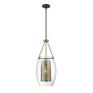 Warm Brass Mesh Lantern 1-Light Pendant with Sleek Bronzed Metal Rodwith Clear Oval Glass 12 inches W x 28.5 inches H
