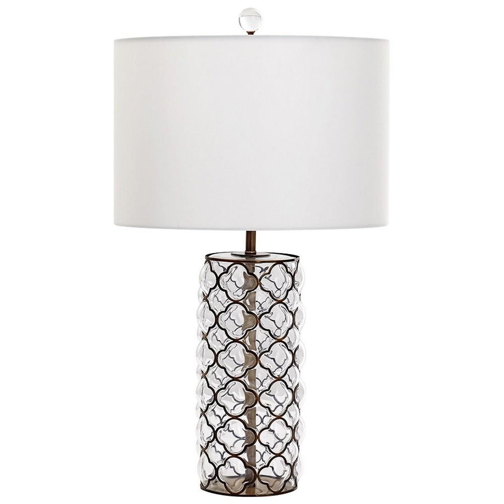 Bailey Street Home 182-BEL-1908003 Contemporary 1 Light Table Lamp with Iron Quatrefoil and Clear Glass Bubble and White Fabric Drum Shade