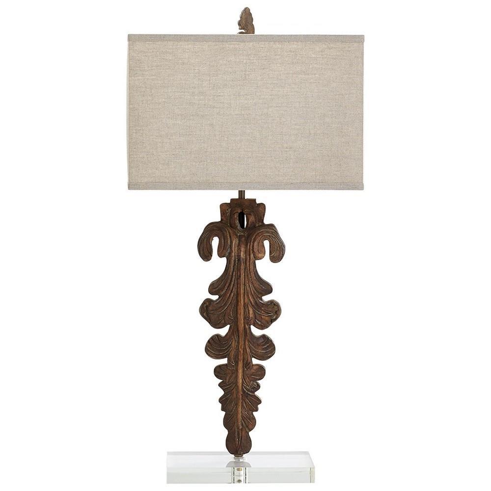 Bailey Street Home 182-BEL-2011509 Traditional 1 Light Tall Table Lamp with Ornate Brown Wood Base with Crystal Foot and Oatmeal Rectangular Linen Shade