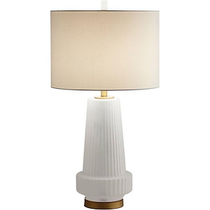 Mid Century Modern 1 Light LED Table Lamp with Grooved White Base and Round White Drum Shade - 1238313