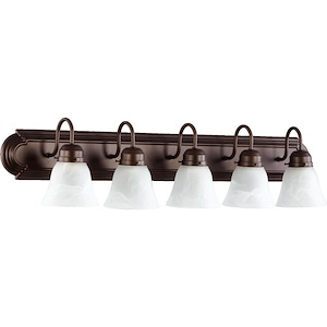 5-Light Bathroom Light with Clear Seeded Bell-shaped Glass Shades with Oiled Bronze Back Plate 36 inches W x 8 inches H