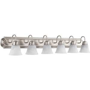 6-Light Bathroom Light with Bell-shaped Glass Shades with Satin Nickel Back Plate 48 inches W x 8 inches H