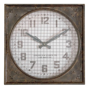 Industrial Square Wall Clock in Rust Bronze with Aged Ivory Face and Metal Grill