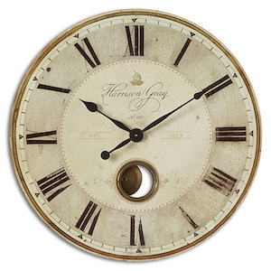Rustic Wall Clock with Weathered Cream Face and Brass Components with Pendulum