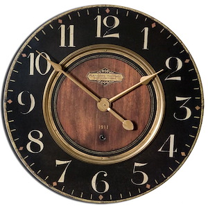 Farmhouse Wall Clock with Black Background and Cast Brass Details with Antiqued Finish