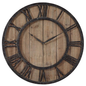 Rustic Farmhouse Large Round Wall Clock with Aged Wood Panels and Bronze Metal Details