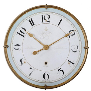 Large Farmhouse Round Wall Clock with Antiqued Gold Metal Frame and Antiqued Ivory Face