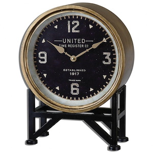 Vintage Industrial Table Clock with Black Trestle Base and Brass Hands - Housing with Black Face