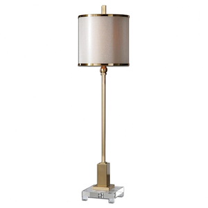 1 Light Contemporary Buffet Lamp with a Slender Brass and Crystal Base with Double Hardback Shade with Metal Trim