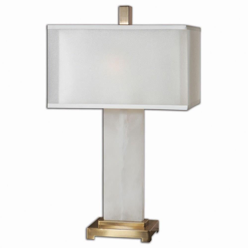 Bailey Street Home 208-BEL-1741827 2 Light Modern Table Lamp with Alabaster Base and Coffee Bronze Plate with Double Shade in a Sheer Outer Shade with White Linen Inner Hardback Shade
