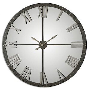 Oversized Round Wall Clock with Rustic Bronze Metal Frame with Mirrored Face and Silver Roman Numerals