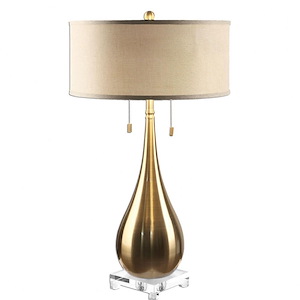 2 Light Contemporary Table Lamp with Tear Dropped Brass Metal and Crystal Base with Rust Beige Round Hardback Linen Drum Shade