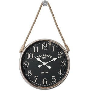 Rustic Wall Clock with Antiqued Ivory Finish and Black Clock Face with Rope Accent