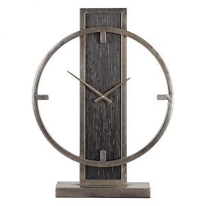 Modern Table Clock with Antiqued Silver Metal Frame and Black Wood Veneer Accents
