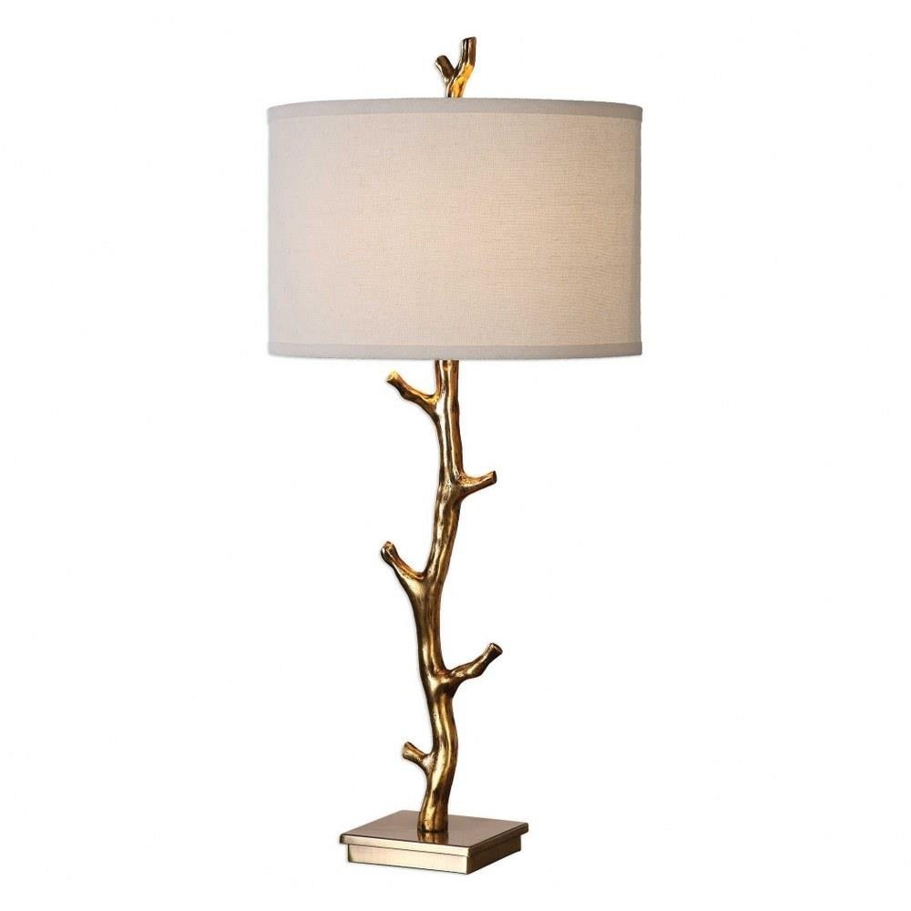 Bailey Street Home 208-BEL-2274483 1 Light Contemporary Table Lamp with Antiqued Gold Tree Branch Base and Ivory Linen Round Hardback Drum Shade-3 Way Switch