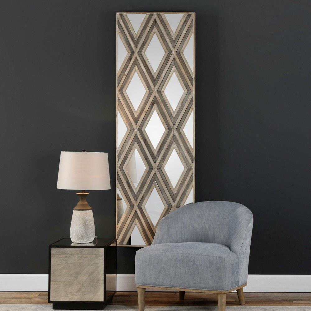 Bailey Street Home 208-BEL-2536747 Farmhouse Rectangular Geometric Wall Mirror in Chestnut Grey with Veneer Argyle Pattern 34 inches W x 72 inches H