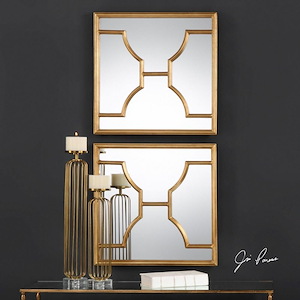 Modern 2-Set Square Mirror in Antiqued Gold Leaf with Forged Iron with Sharp Beveled Edges 24 inches W x 24 inches H