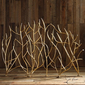 Decorative Hand-Forged Gold Branches Fireplace Screen made from Hammered Iron Branches in Gold Leaf 47 inches W x 31.89 inches H