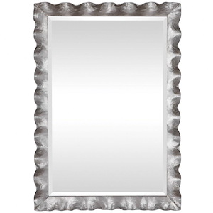 Vintage Rectangular Beveled Mirror in Antique Silver Leaf with Scalloped Edge Metal Frame 28.25 inches W x 40 inches H