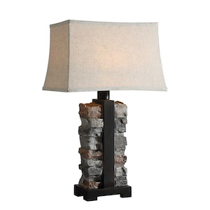 1 Light Rustic Table Lamp with Faux Stacke Stone and Metal Base includes a Beige Linien Rectangle Bell Shade - 1238478