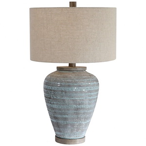 1 Light Ceramic Urn Table Lamp with Aqua Blue Crackle Glaze Textured Base and Beige Linen Fabric Drum Shade-3 Way Switch