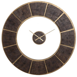 Large Round Farmhouse Wooden Wall Clock with Gold Leaf Details and Floating Dial
