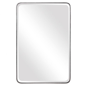 Modern Beveled Rectangular Mirror in Distressed Silver Leaf with Curved Corners Iron Frame 24 inches W x 36 inches H