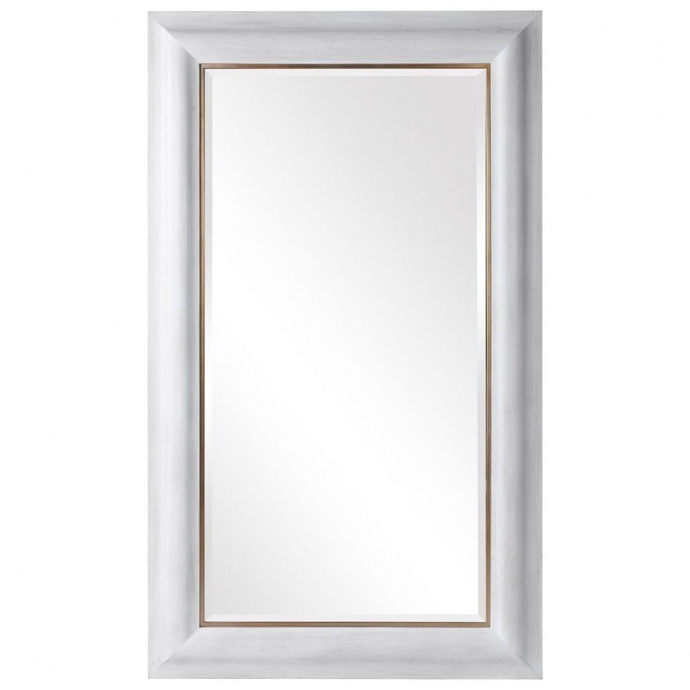 Rectangular Wood Frame Mirror in Distressed White with Gold Inner Liner  Beveled Frame 41.63 inches W x 71.63 inches H