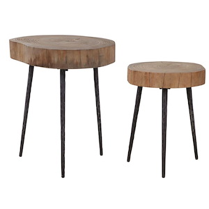 22 inch Round Wood Nesting Tables (Set of 2) with Iron Legs - Natural Inspired Side Tables
