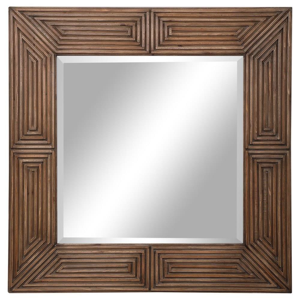 Bailey Street Home 208-BEL-4361868 Modern Geometric Square Wall Mirror in Aged Chestnut Stain with Hand-Carved Patterns 36 inches W x 36 inches H