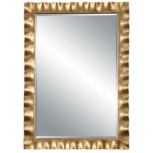 Vintage Rectangular Beveled Mirror in Antique Gold Leaf with Scalloped Edge Metal Frame 28.25 inches W x 40 inches H