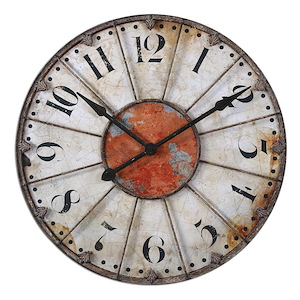 Rustic Wall Clock with Crackled Ivory Face and Rust Red Accents