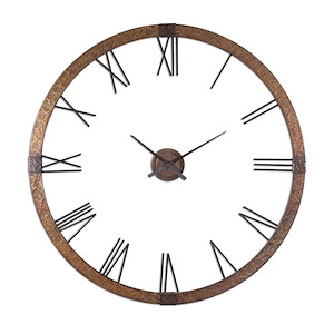 Rustic Round Large Wall Clock with Hammered Copper Sheeting and Black Roman Numerals - Hands That Are Separate From Frame