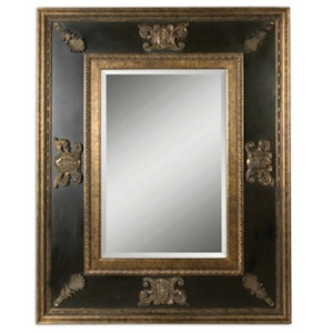 Antique Rectangular Mirror in Distressed Black with Gold Inner and Outer Edges Ornamentation 60 inches W x 48 inches H