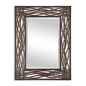 Rustic Decorative Wall Mirror in Distressed Mocha Brown with Hand Forged Metal designs 32 inches W x 42 inches H