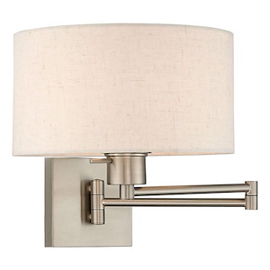 1 Light Traditional Steel Swing Arm Wall Sconce with Oatmeal Fabric Shade-11 Inches H by 11 Inches W - 1122071