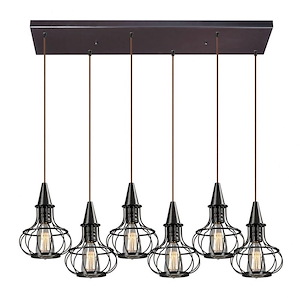 Caged Six Light Rectangular Linear Pendant with Exposed Bulbs - 932807