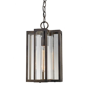 Rectangular One Light Outdoor Pendant Ceiling Light with Slender Vertical Lines - Mission Style Hanging Ceiling Light with Exposed Bulb