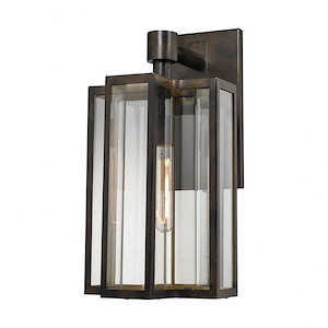 One Light Geometric Outdoor Wall Mount with Curved Seeded Glass and Slender Lines and Exposed Bulb - 929391