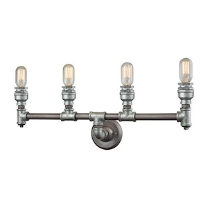 Cast Iron Pipe Four Light Vanity Light Fixture with Exposed Bulb - Steampunk Style Bathroom Light with Bare Bulb-Round Back Plate