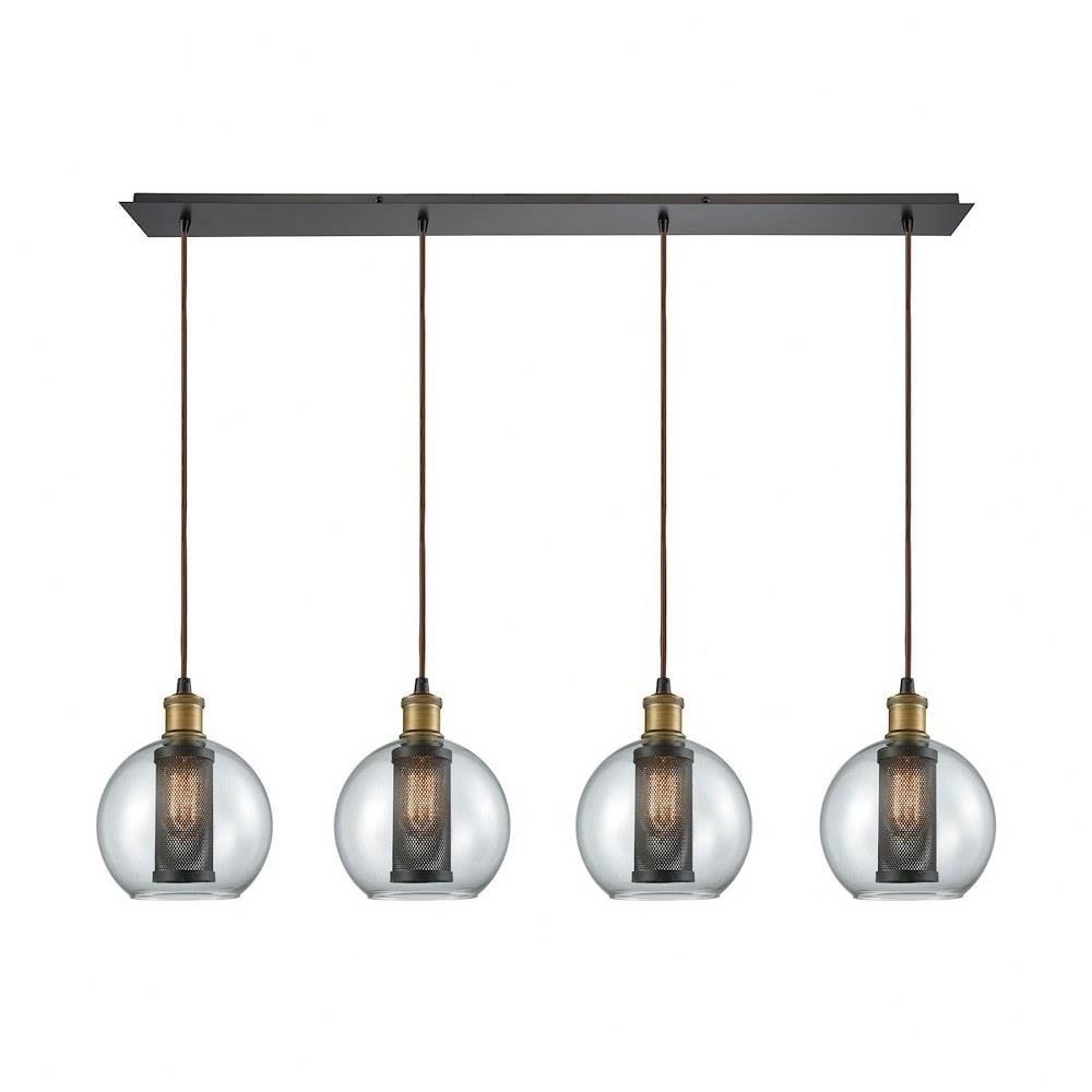 Bailey Street Home 2499-BEL-2511581 Four Light Linear Pendant - Clear Glass Globes with Metal Mesh Cylinder Linear Chandelier Light