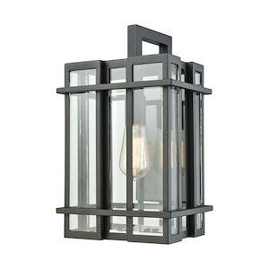 Exposed Bulb One Light Rectangular Outdoor Wall Lantern - Transitional Porch Light with Vertical and Horizontal Lines - 933759