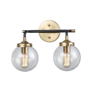 Two Light Vanity Light Fixture with Exposed Bulbs and Round Clear Glass Globes - Retro Style Bathroom Lights with Straight Arm-Round Back Plate - 929342